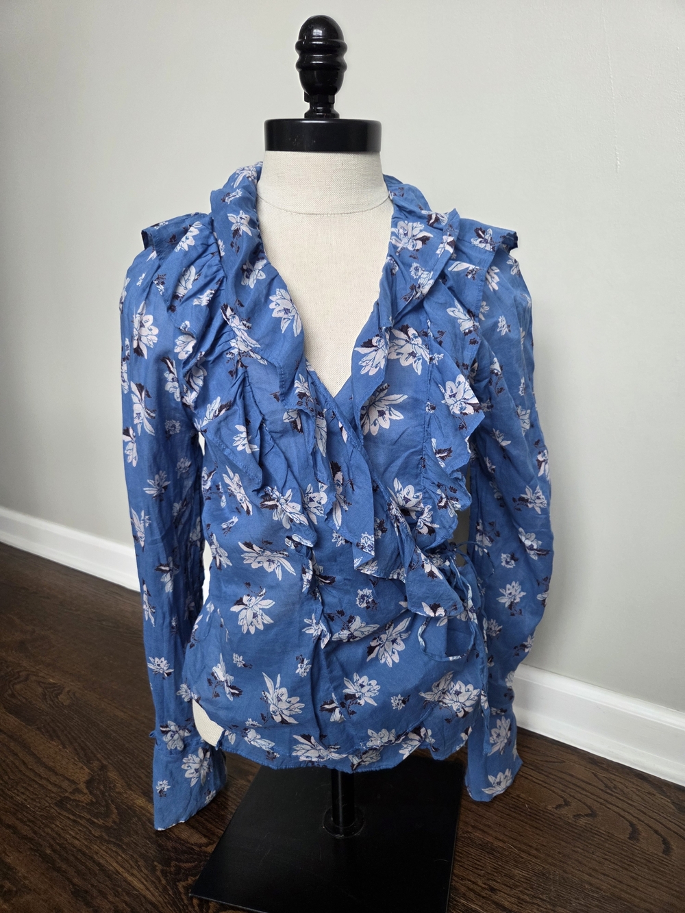 FREE PEOPLE Amanda Blue Floral Ruffle Wrap Top Cotton